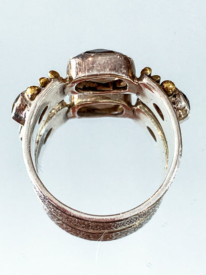 Contemporary Textured Sterling Silver Cushion Cut Smoky Quartz Ring