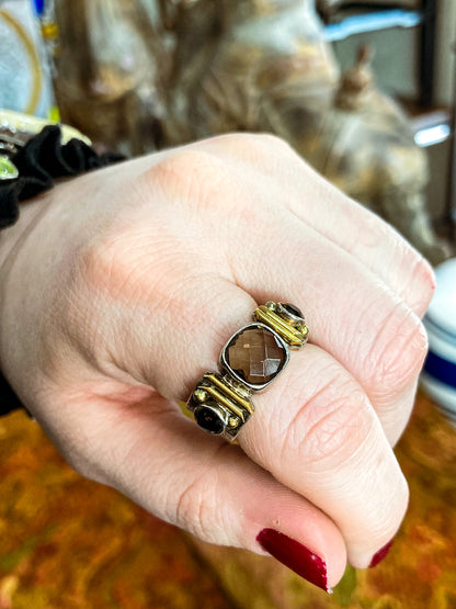 Contemporary Textured Sterling Silver Cushion Cut Smoky Quartz Ring