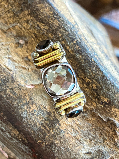 Contemporary Textured Sterling Silver Cushion Cut Smoky Quartz Ring