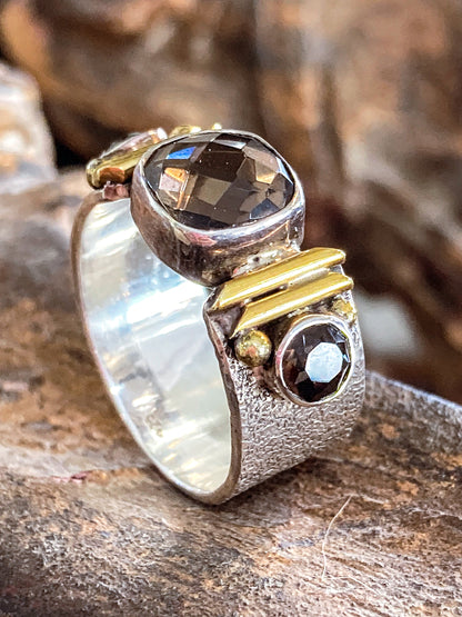 Contemporary Textured Sterling Silver Cushion Cut Smoky Quartz Ring