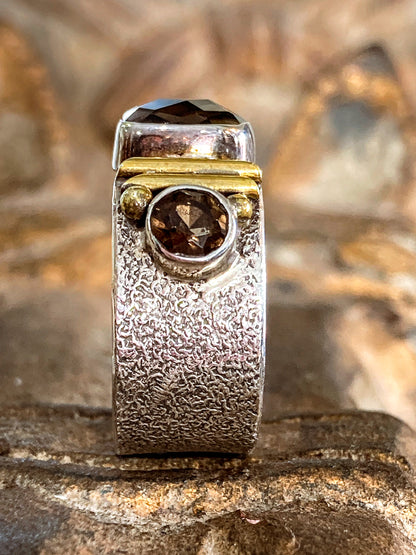 Contemporary Textured Sterling Silver Cushion Cut Smoky Quartz Ring