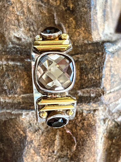 Contemporary Textured Sterling Silver Cushion Cut Smoky Quartz Ring