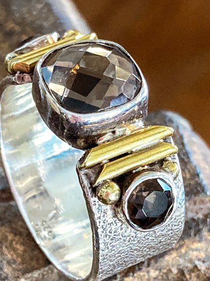 Contemporary Textured Sterling Silver Cushion Cut Smoky Quartz Ring
