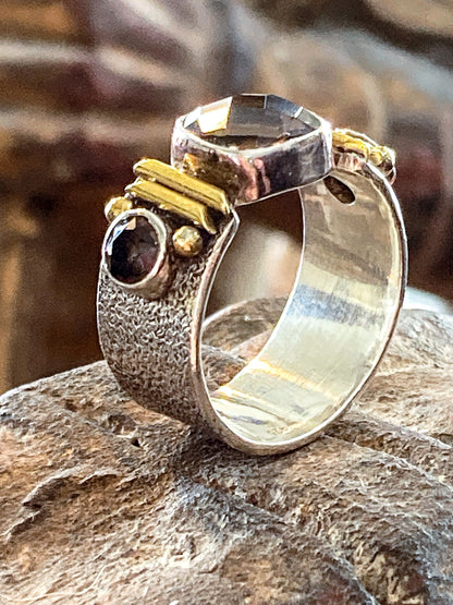 Contemporary Textured Sterling Silver Cushion Cut Smoky Quartz Ring
