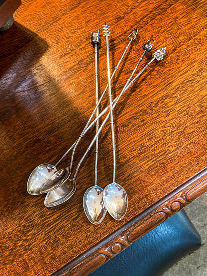 Five Antique 1920s Sterling Silver Japanese Charm Tip Iced Tea Spoons