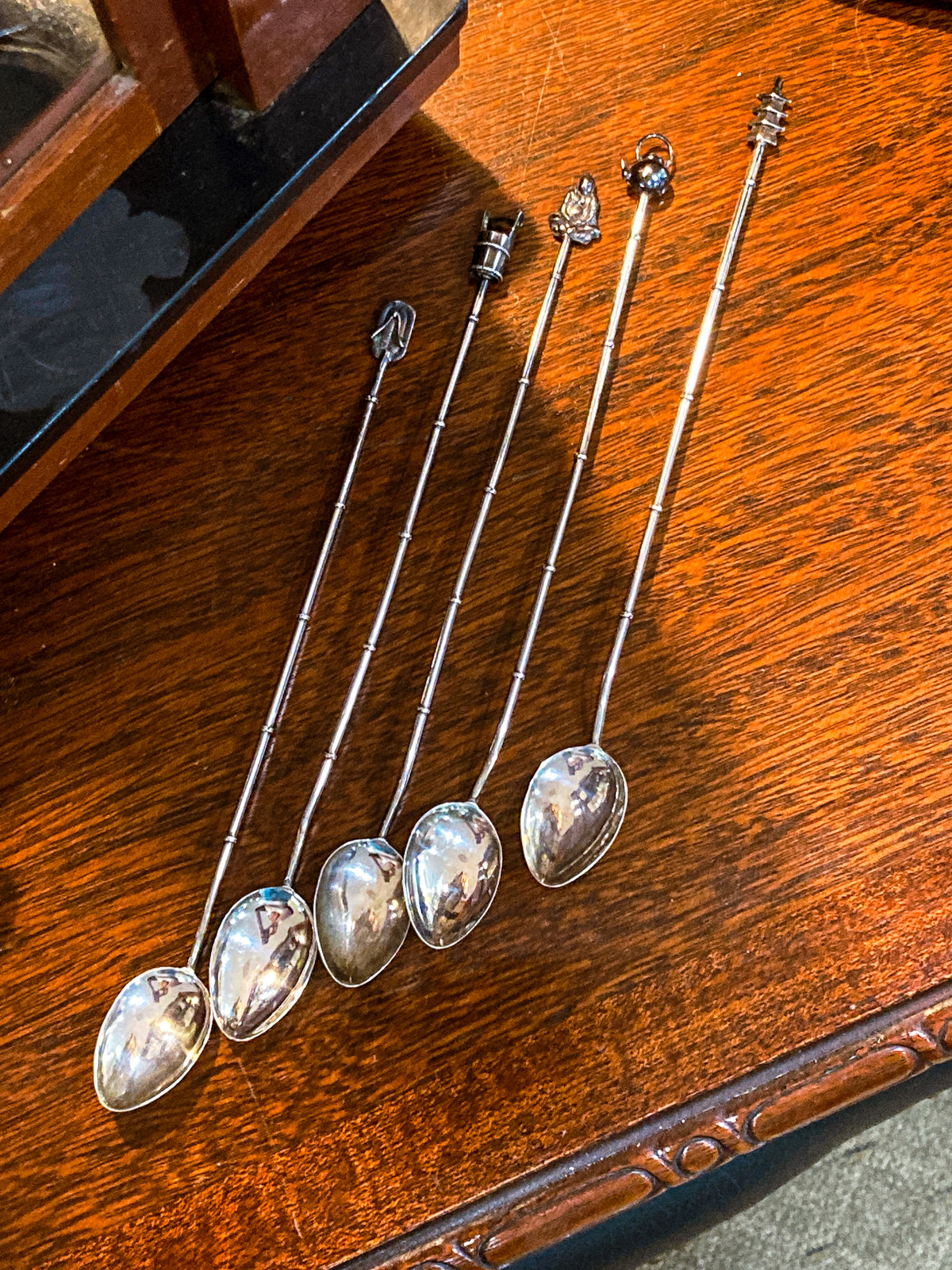Five Antique 1920s Sterling Silver Japanese Charm Tip Iced Tea Spoons