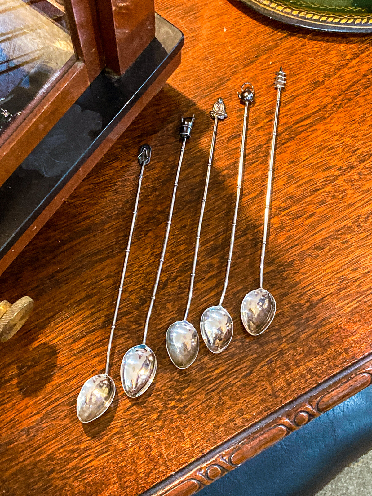 Five Antique 1920s Sterling Silver Japanese Charm Tip Iced Tea Spoons