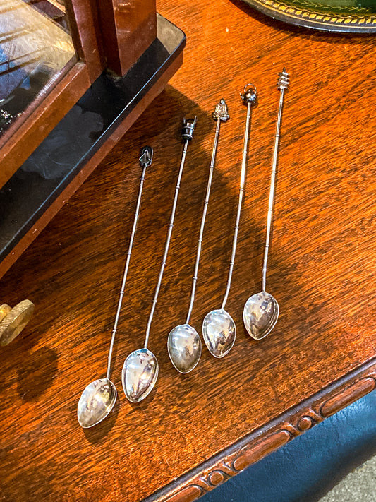 Five Antique 1920s Sterling Silver Japanese Charm Tip Iced Tea Spoons