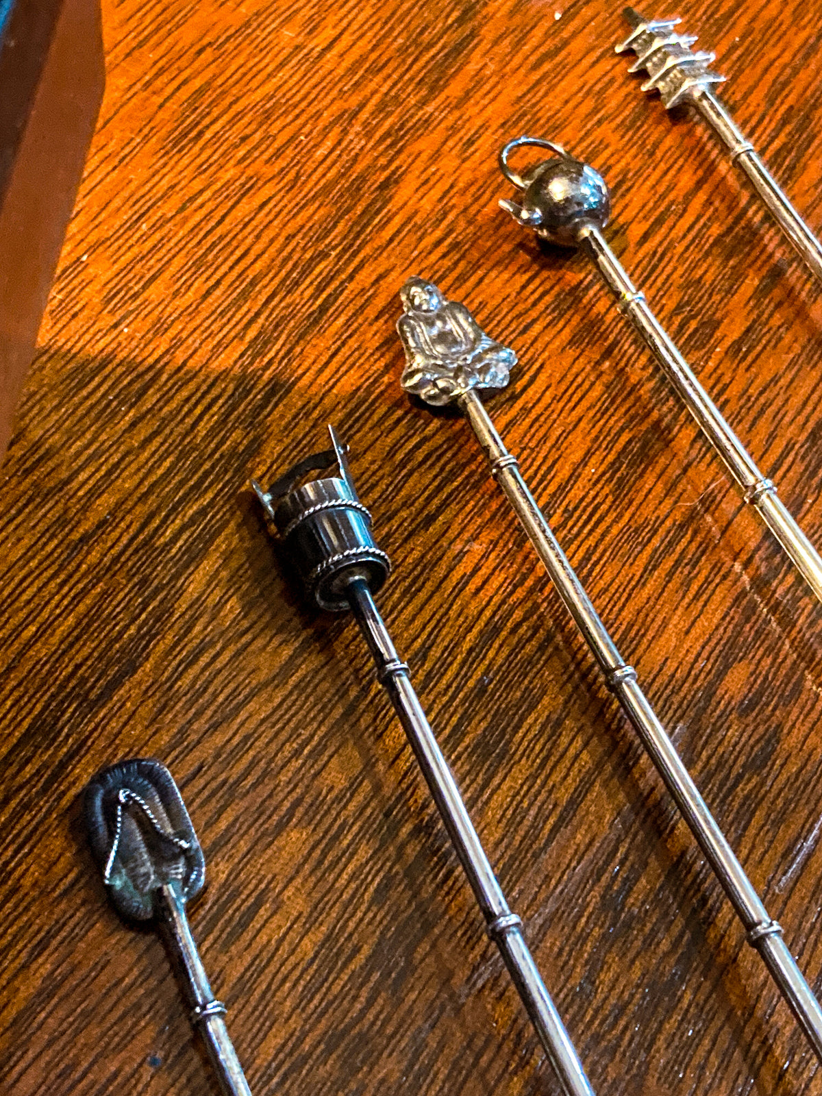 Five Antique 1920s Sterling Silver Japanese Charm Tip Iced Tea Spoons