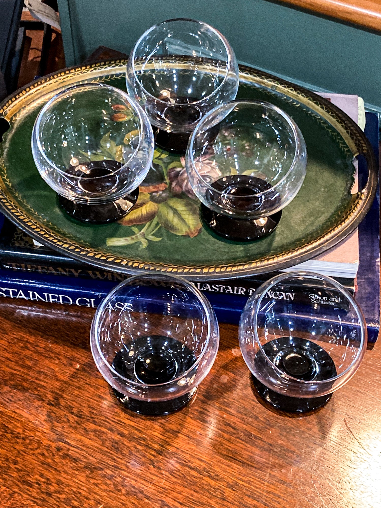 Five Vintage MCM Morgantown Odd Ball Clear Black Base Cocktail Glasses