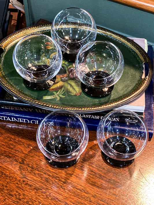 Five Vintage MCM Morgantown Odd Ball Clear Black Base Cocktail Glasses