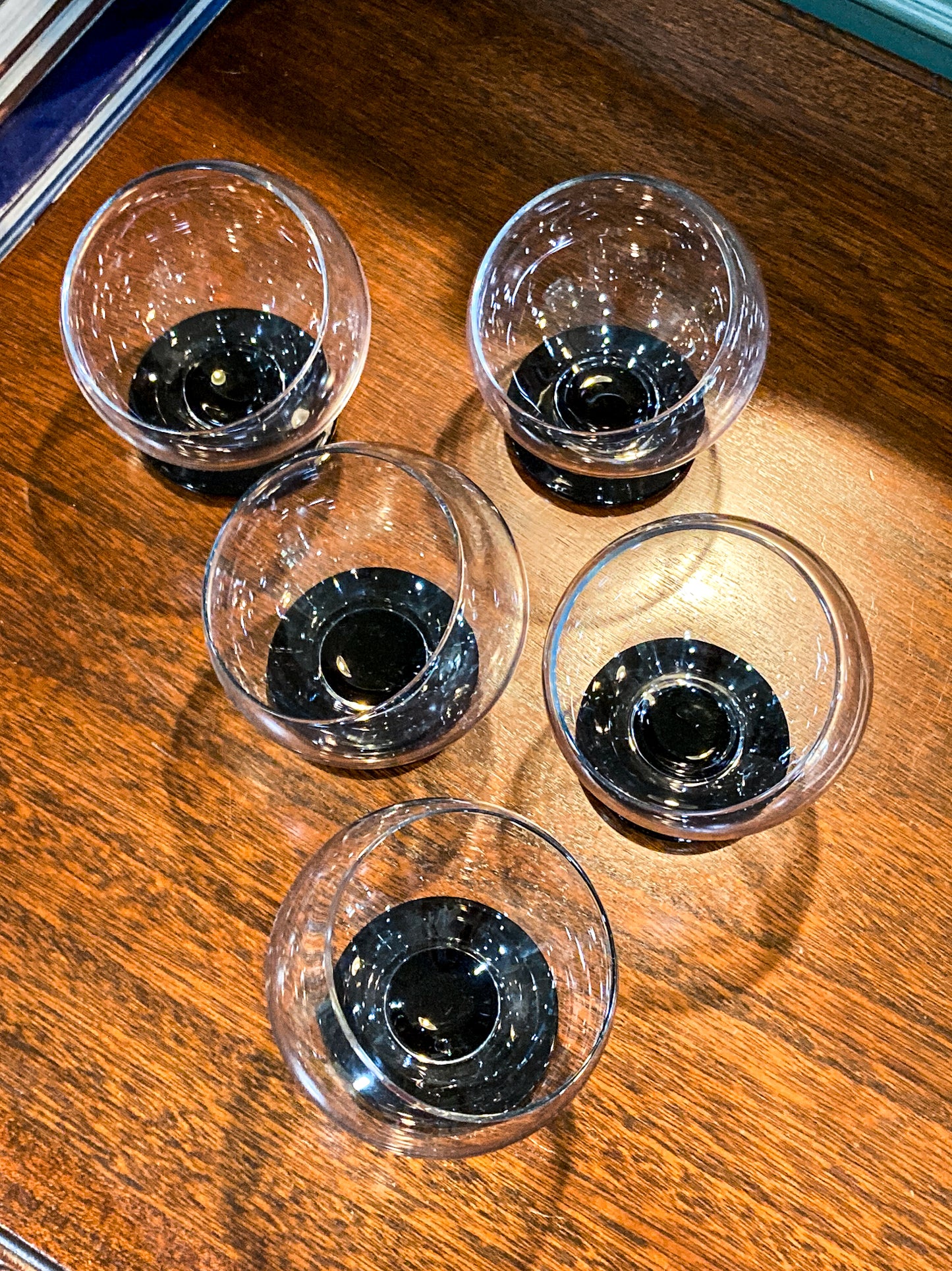 Five Vintage MCM Morgantown Odd Ball Clear Black Base Cocktail Glasses