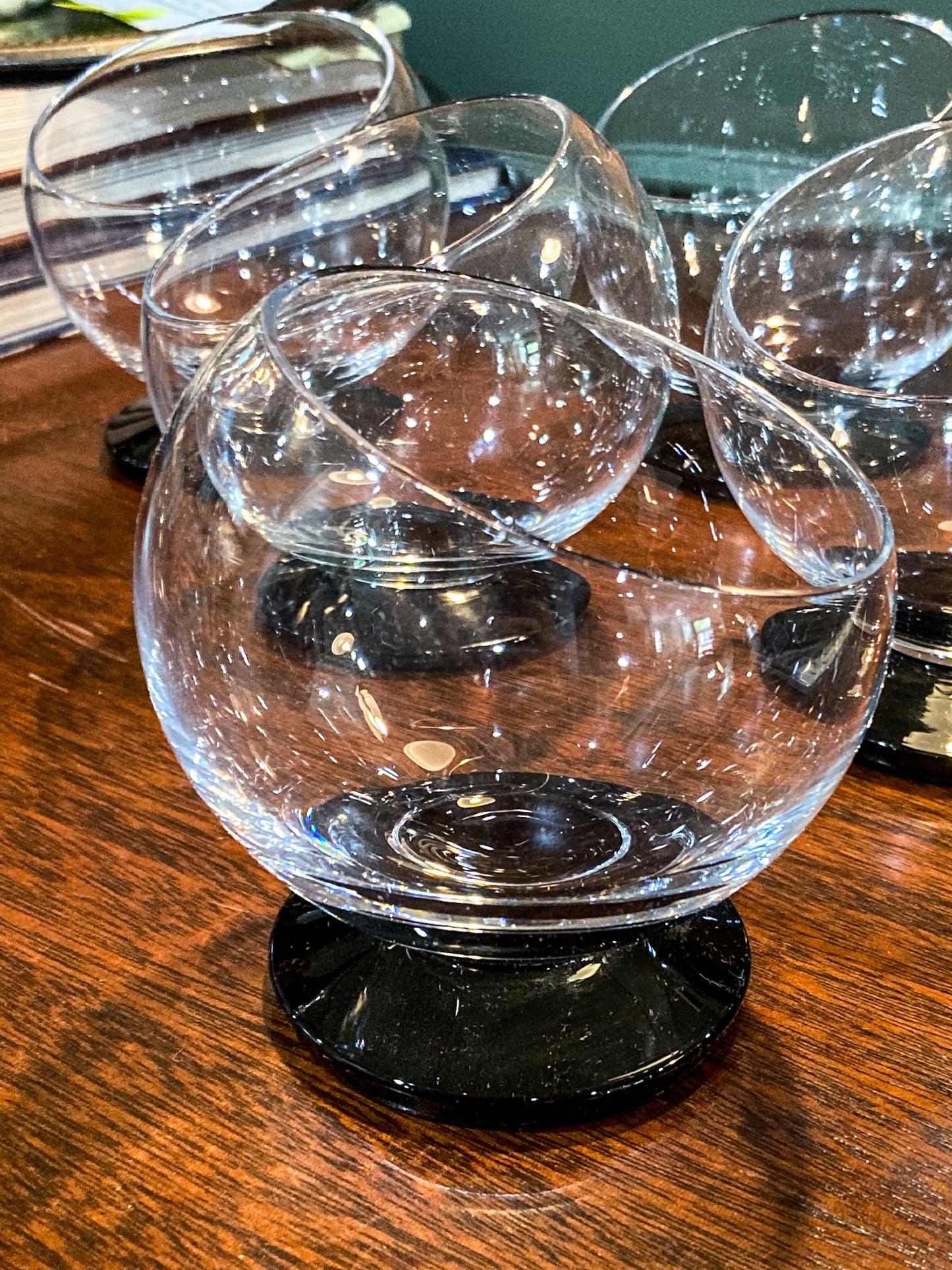 Five Vintage MCM Morgantown Odd Ball Clear Black Base Cocktail Glasses