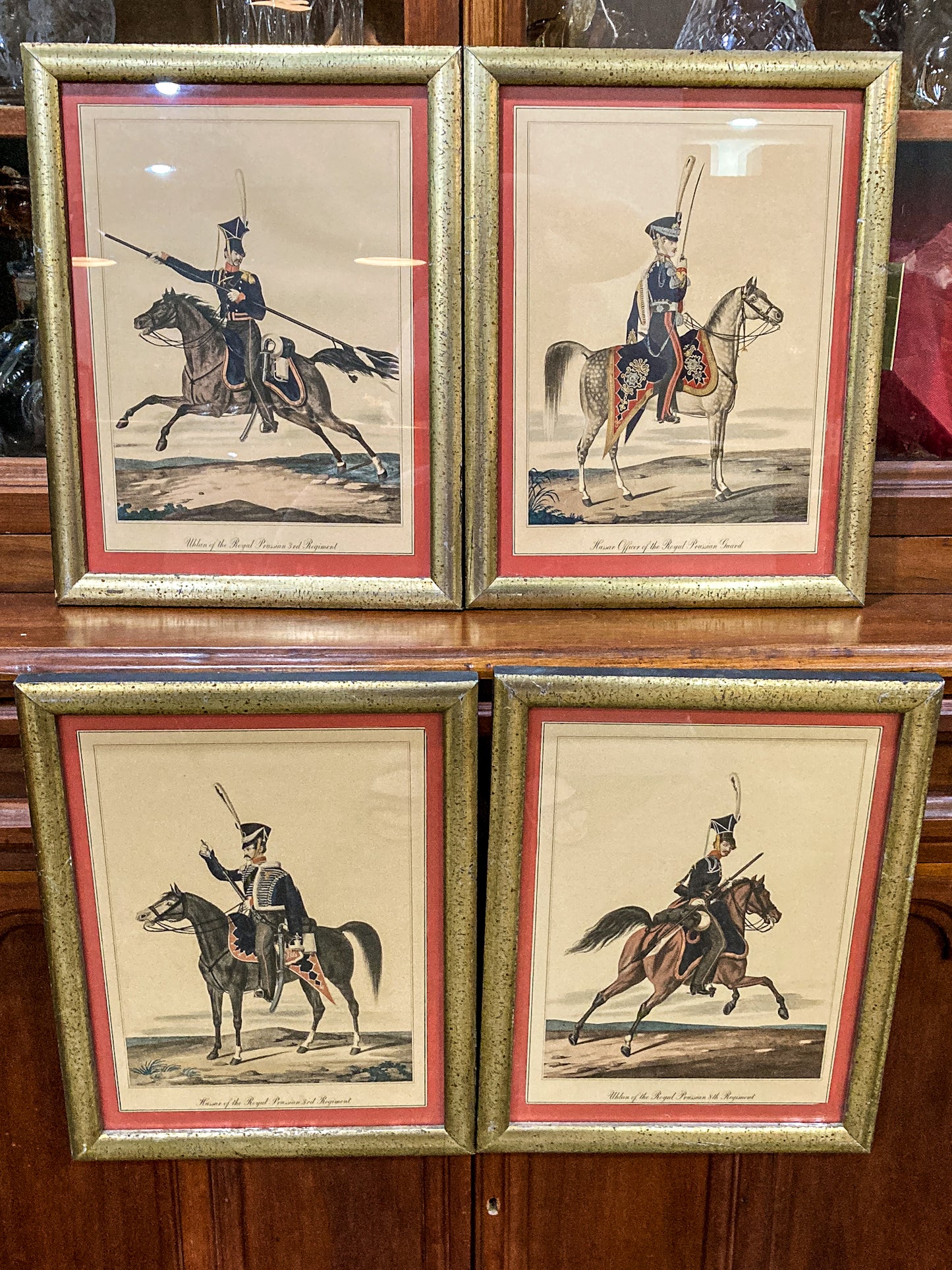 Four Vintage 19th Century Style Equine Royal Prussian Military Framed Color Lithographs