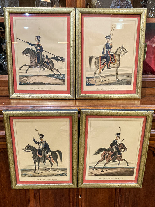 Four Vintage 19th Century Style Equine Royal Prussian Military Framed Color Lithographs