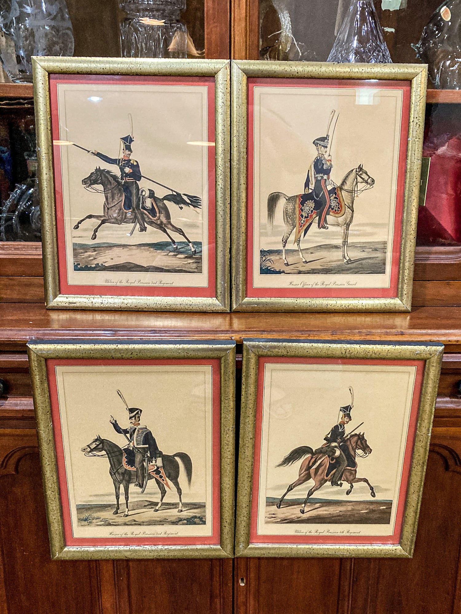 Four Vintage 19th Century Style Equine Royal Prussian Military Framed Color Lithographs