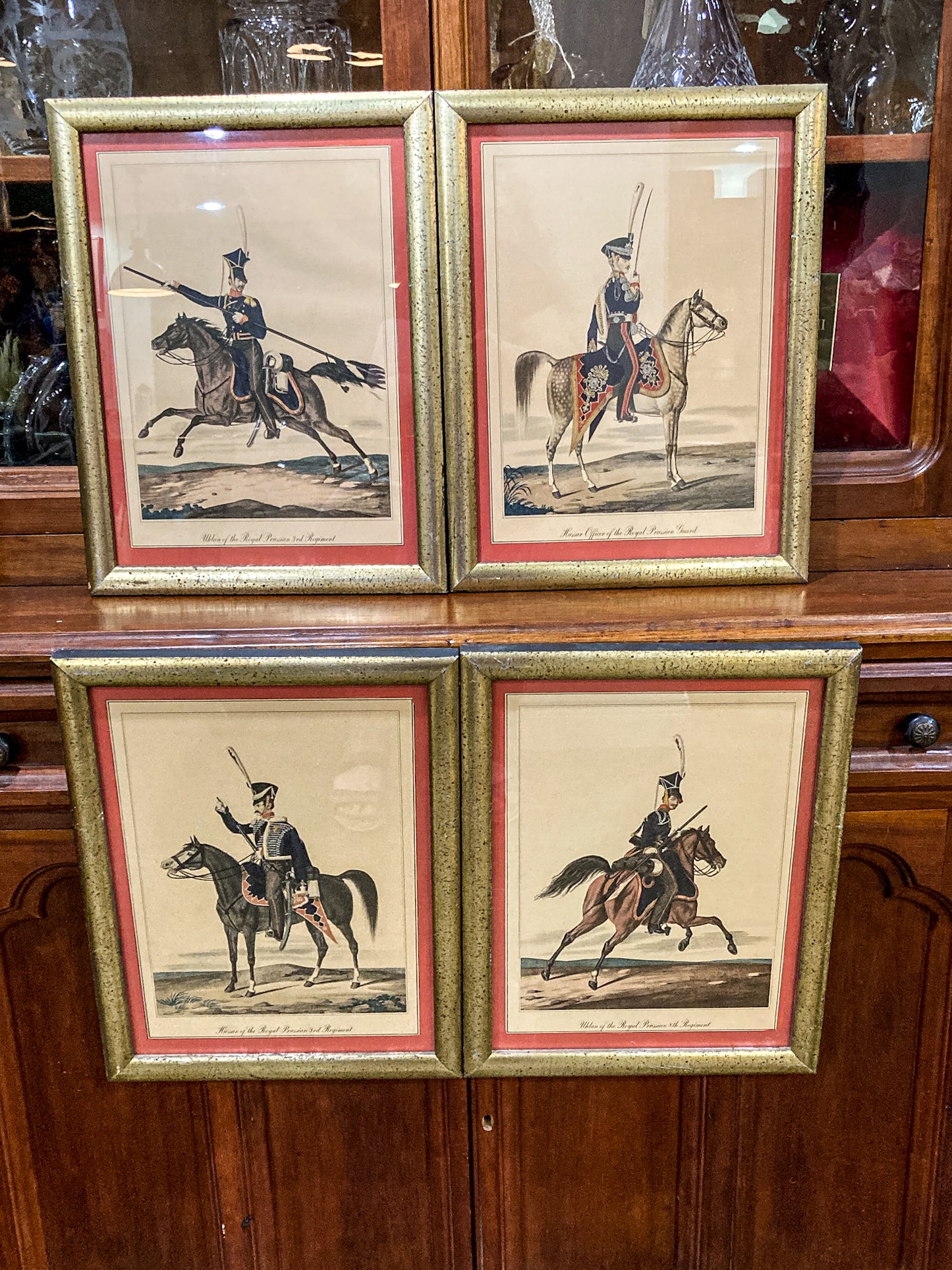 Four Vintage 19th Century Style Equine Royal Prussian Military Framed Color Lithographs
