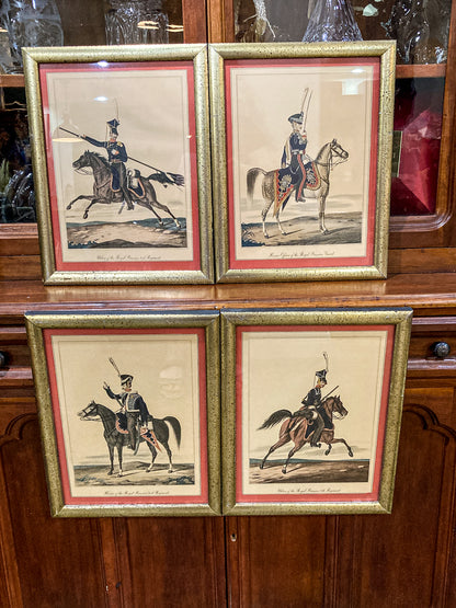 Four Vintage 19th Century Style Equine Royal Prussian Military Framed Color Lithographs