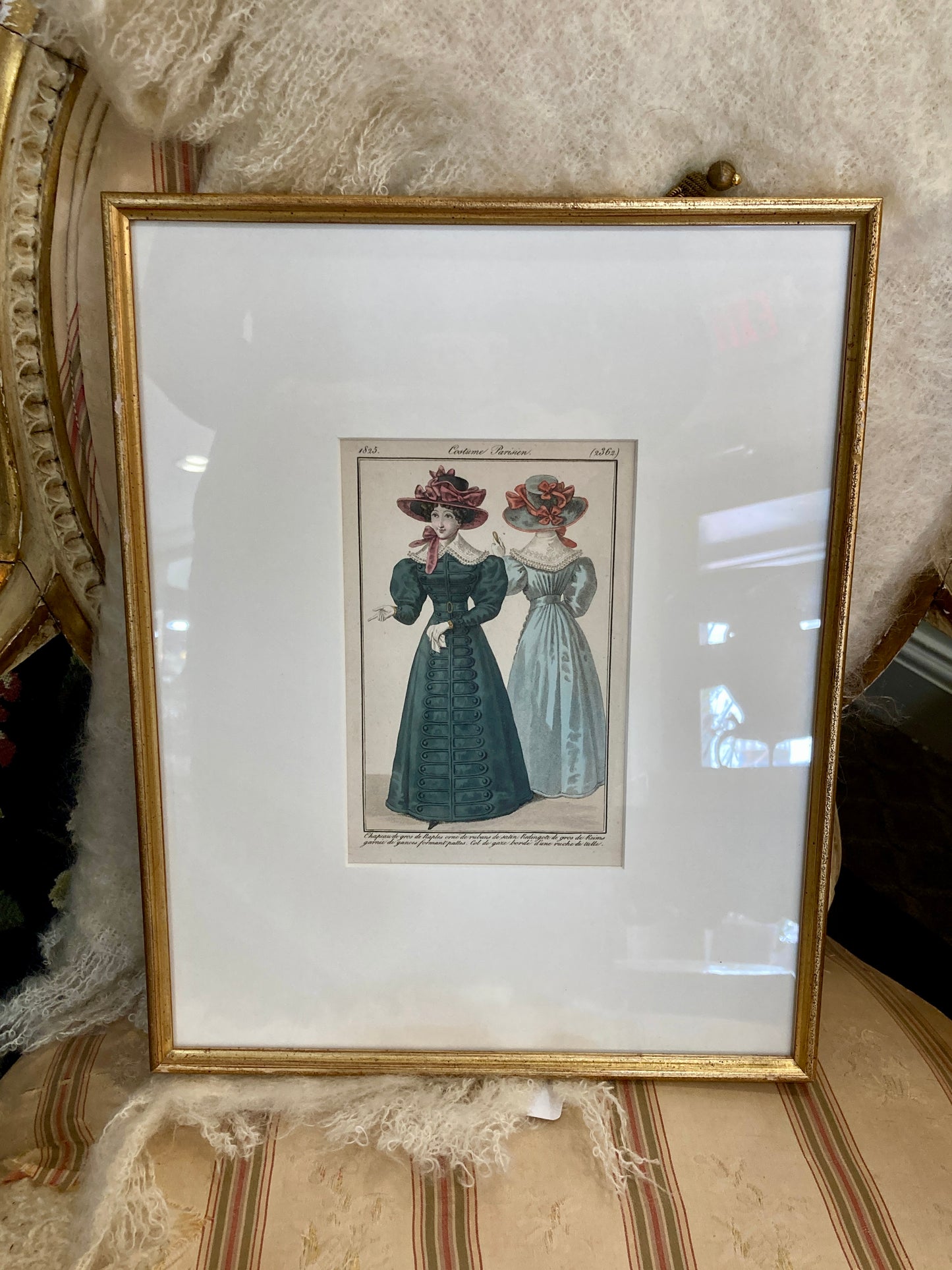 Framed Antique French 19th Century 1825 Parisian Fashion Plate Print