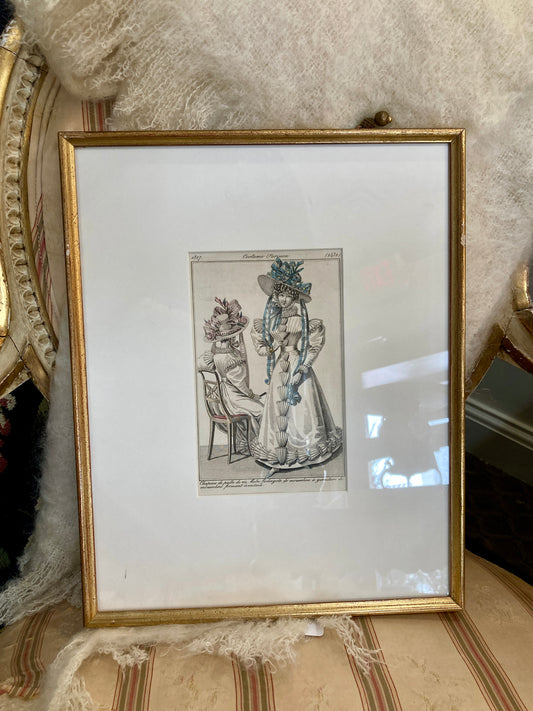 Framed Antique French 19th Century 1827 Parisian Fashion Plate Print
