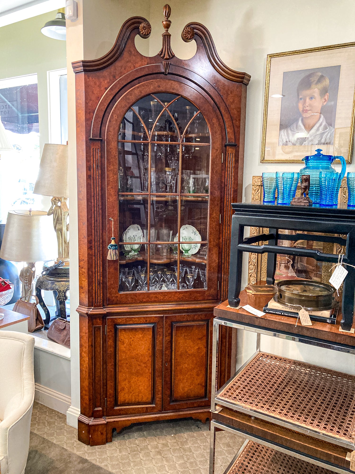 Georgian Style Burled Wood Veneer Glass Front Corner Cabinet