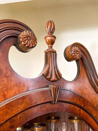 Georgian Style Burled Wood Veneer Glass Front Corner Cabinet