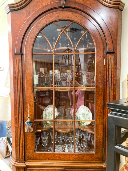 Georgian Style Burled Wood Veneer Glass Front Corner Cabinet