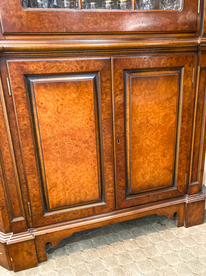Georgian Style Burled Wood Veneer Glass Front Corner Cabinet