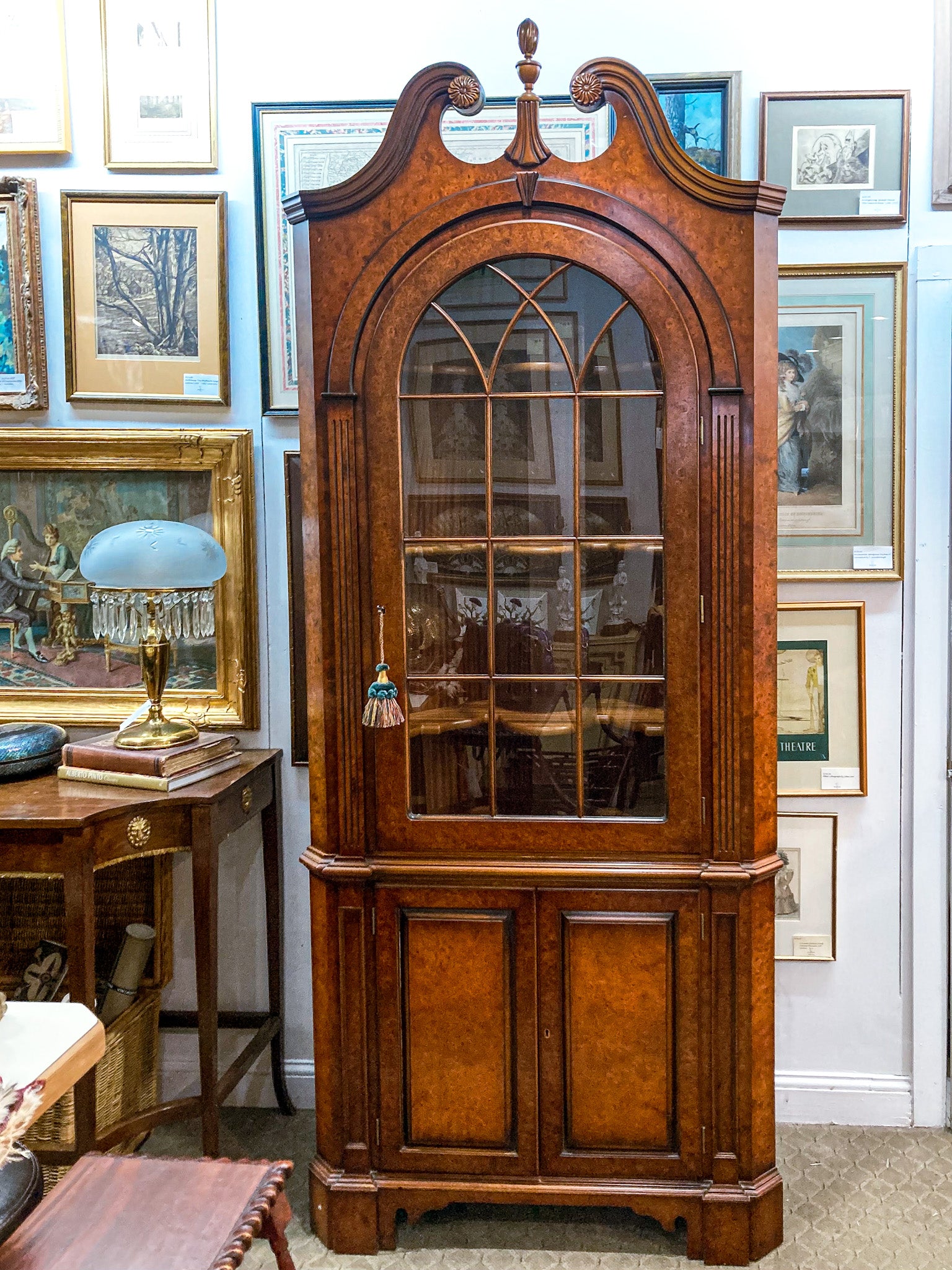 Georgian Style Burled Wood Veneer Glass Front Corner Cabinet