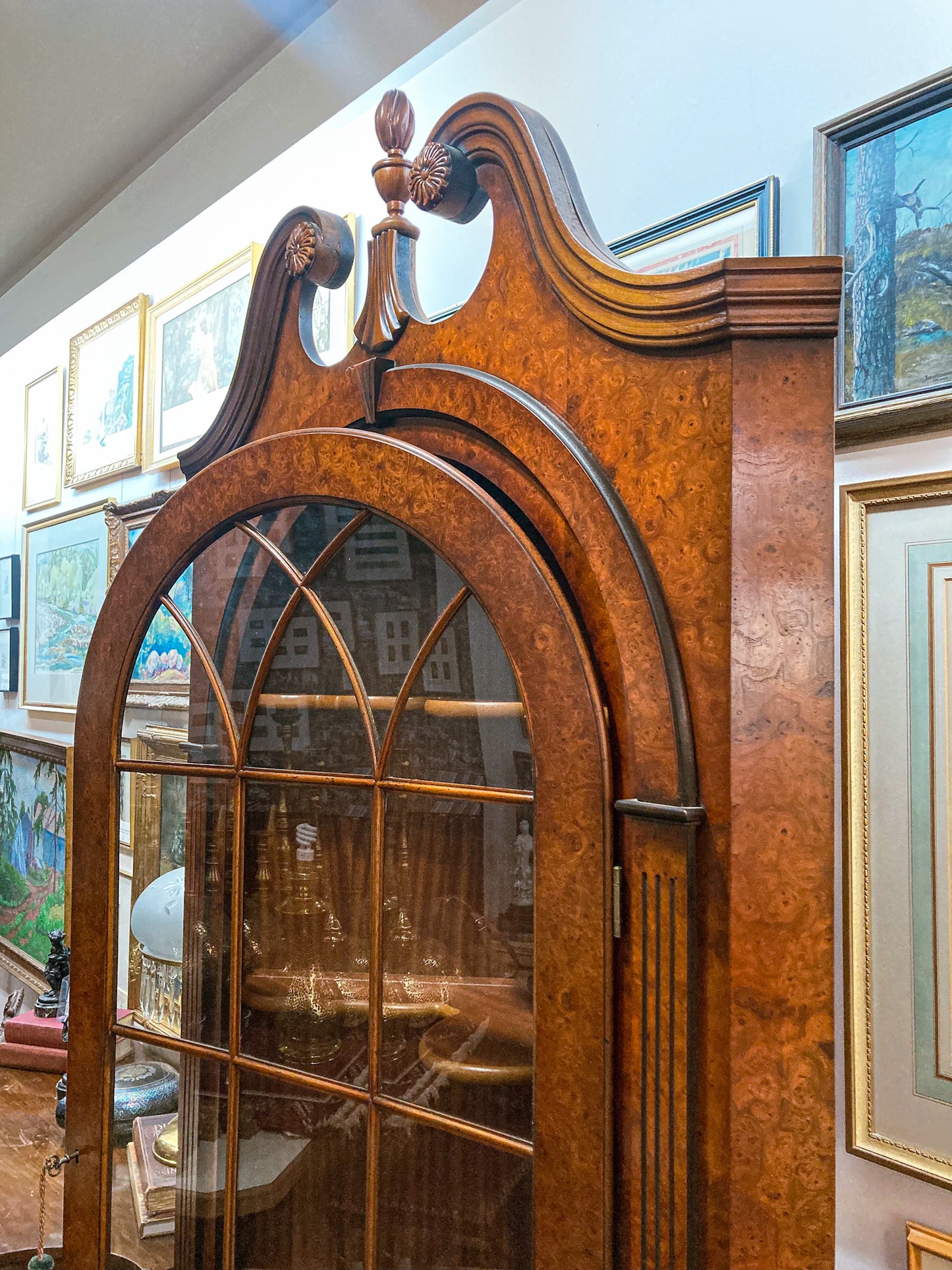 Georgian Style Burled Wood Veneer Glass Front Corner Cabinet
