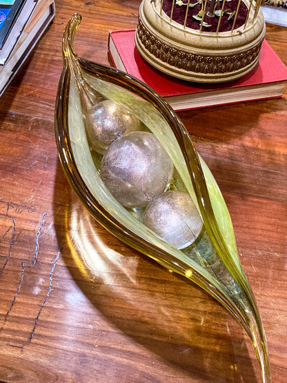 Handblown Green Iridescent Alaska Gallery Glass Pea Pod Sculpture