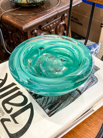 Kosta Boda 2000 Atoll Anna Ehrner Green Swirl Clear Candle Holder Bowl