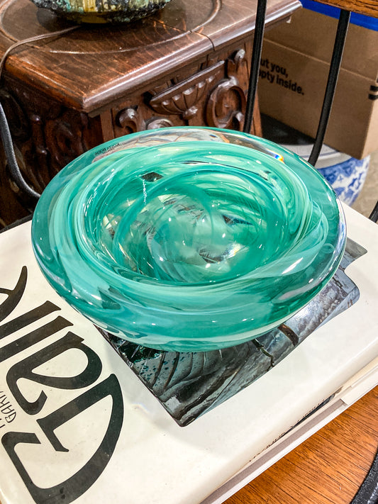Kosta Boda 2000 Atoll Anna Ehrner Green Swirl Clear Candle Holder Bowl
