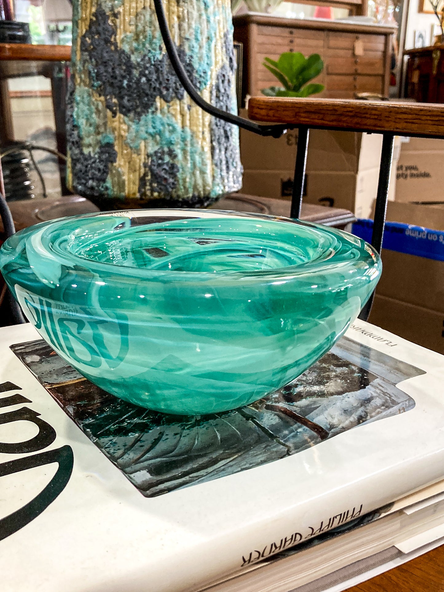 Kosta Boda 2000 Atoll Anna Ehrner Green Swirl Clear Candle Holder Bowl