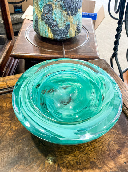 Kosta Boda 2000 Atoll Anna Ehrner Green Swirl Clear Candle Holder Bowl
