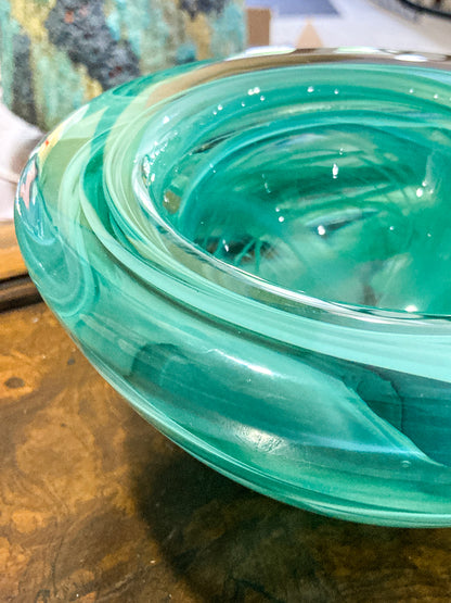 Kosta Boda 2000 Atoll Anna Ehrner Green Swirl Clear Candle Holder Bowl