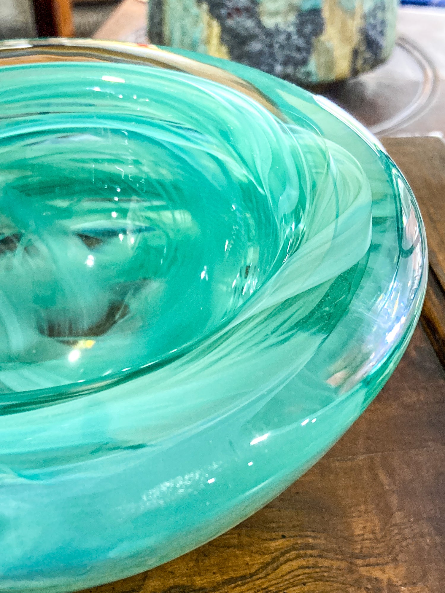 Kosta Boda 2000 Atoll Anna Ehrner Green Swirl Clear Candle Holder Bowl