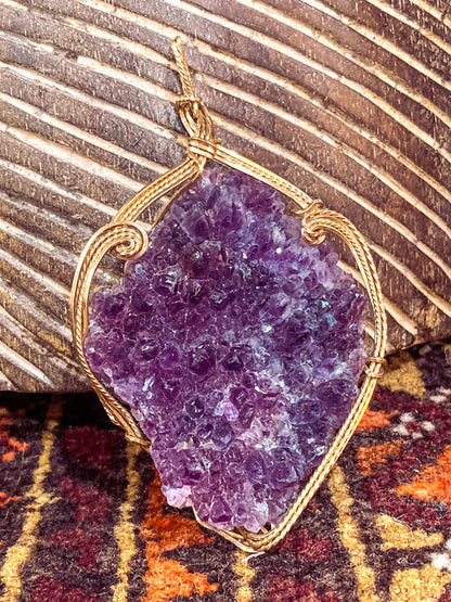 Hand Crafted Gold Filled Wire Wrapped Natural Amethyst Crystal Pendant