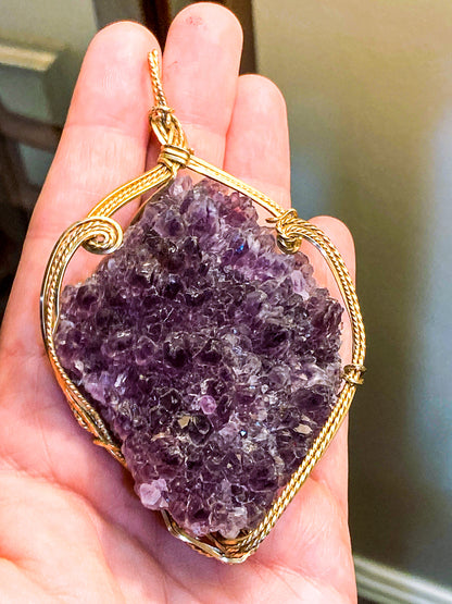 Hand Crafted Gold Filled Wire Wrapped Natural Amethyst Crystal Pendant