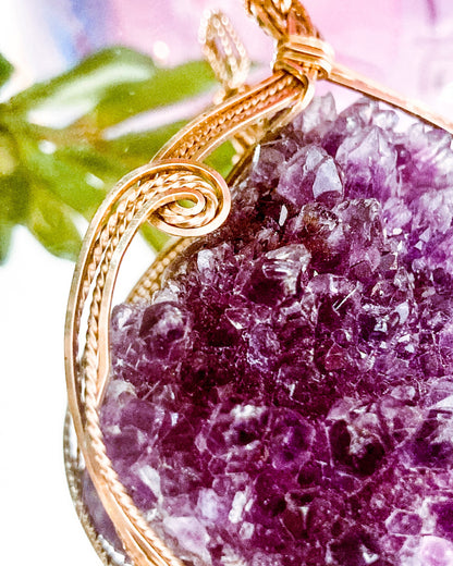 Hand Crafted Gold Filled Wire Wrapped Natural Amethyst Crystal Pendant