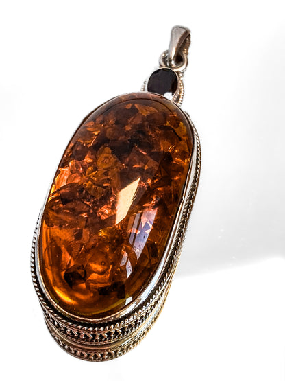 Large Vintage Sterling Silver Amber Oval Amethyst Statement Pendant