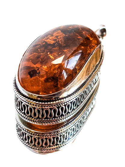 Large Vintage Sterling Silver Amber Oval Amethyst Statement Pendant