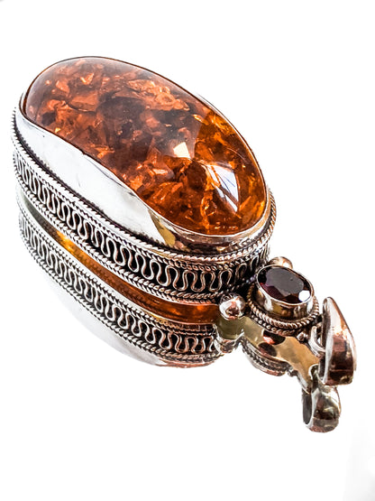 Large Vintage Sterling Silver Amber Oval Amethyst Statement Pendant