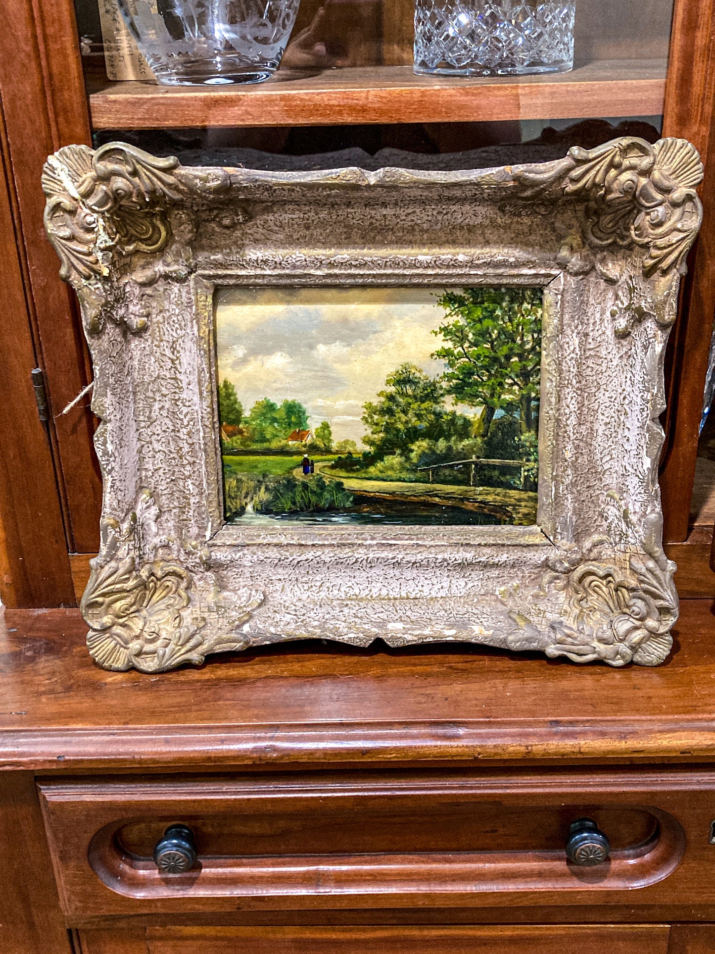 Late 19th Century Original Continental Serene Landscape Framed Panel Oil Painting