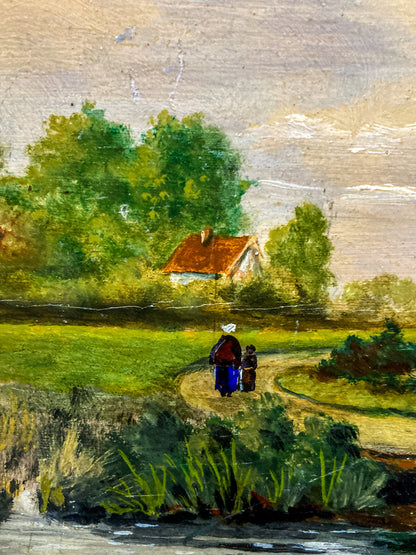 Late 19th Century Original Continental Serene Landscape Framed Panel Oil Painting