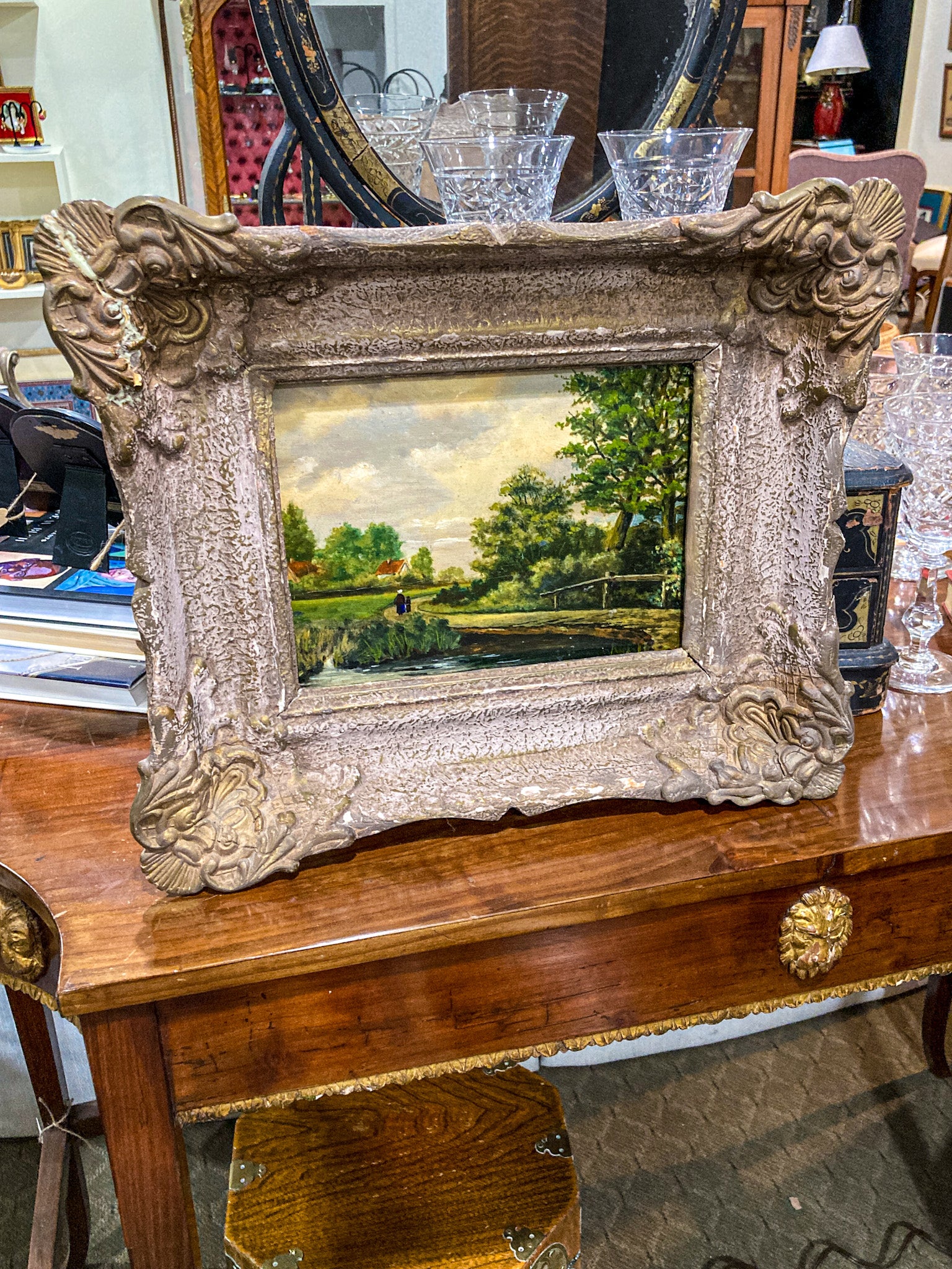 Late 19th Century Original Continental Serene Landscape Framed Panel Oil Painting
