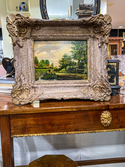 Late 19th Century Original Continental Serene Landscape Framed Panel Oil Painting