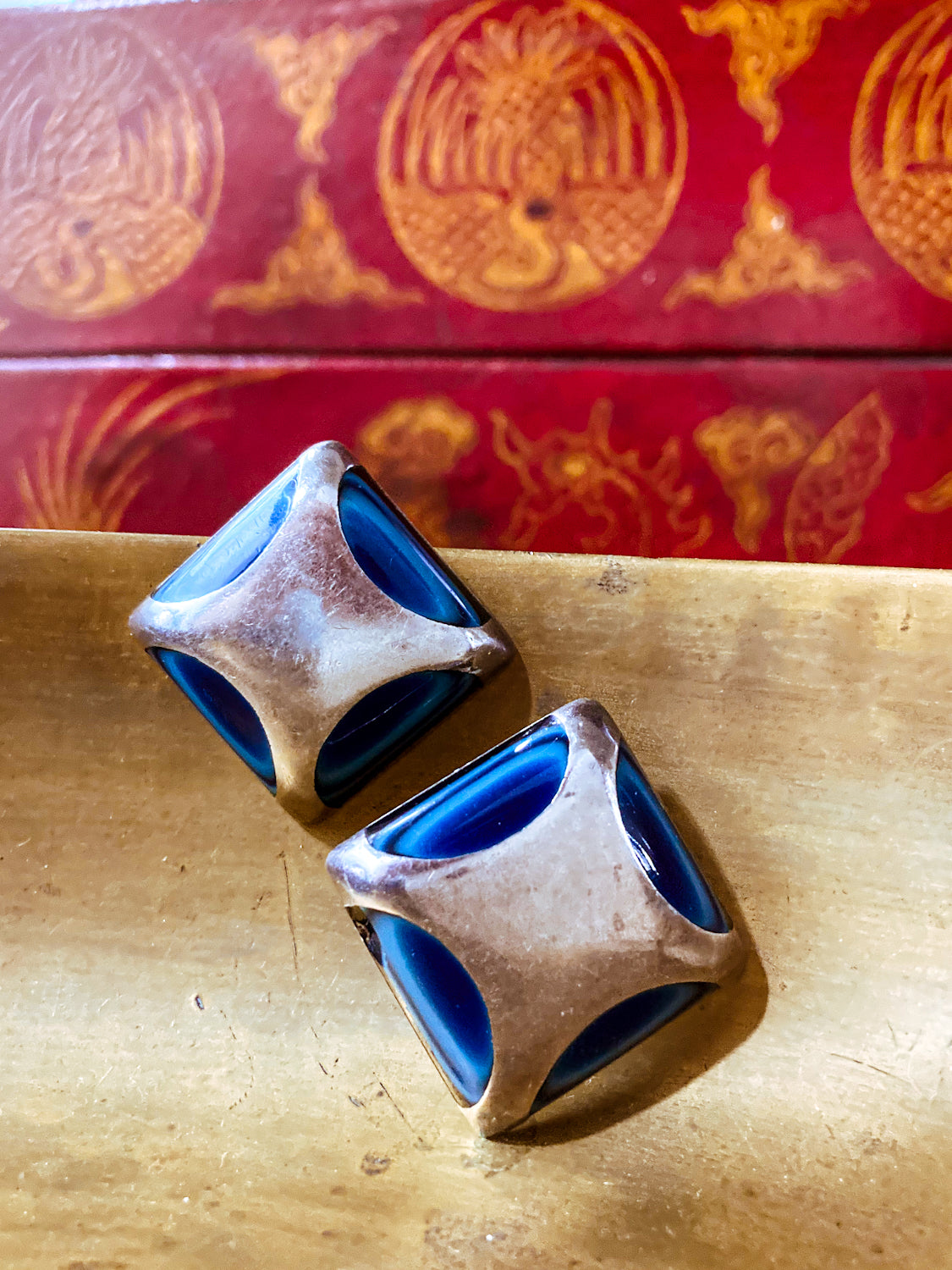 Vintage Mexico Sterling Silver Layered Blue Glass Geometric Clip On Earrings