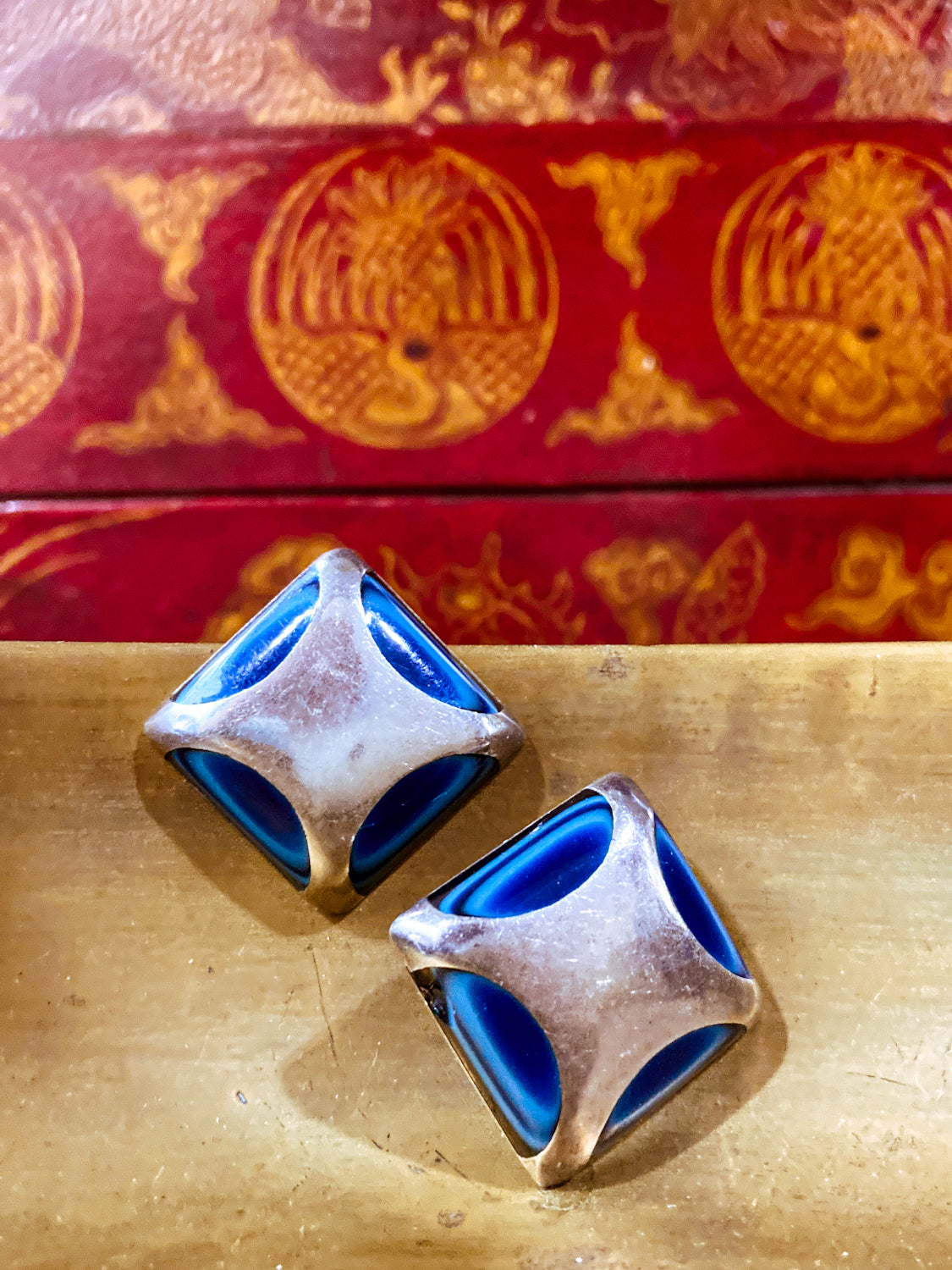 Vintage Mexico Sterling Silver Layered Blue Glass Geometric Clip On Earrings