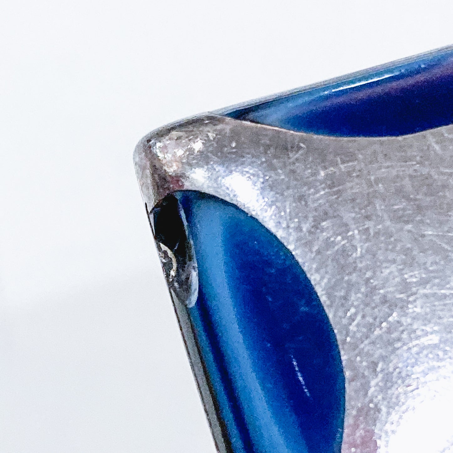 Vintage Mexico Sterling Silver Layered Blue Glass Clip On Earrings White Background Close Up small Chip in the one earring 2